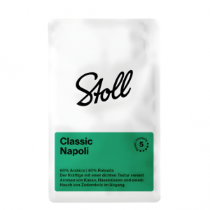 Stoll Kaffee Napoli – тъмно изпечено кафе на зърна с аромат на какао, лешници и лек кедров нюанс, произведено в Цюрих, Швейцария